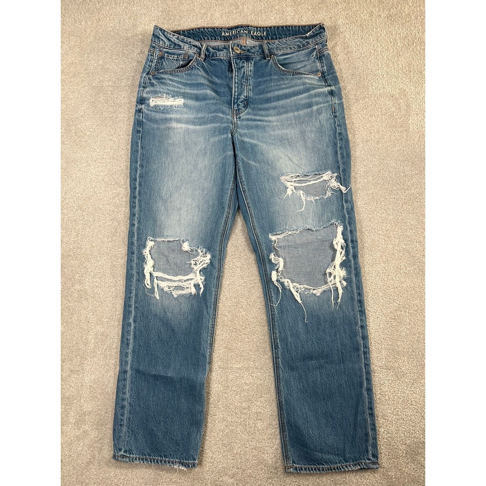 American Eagle Tomgirl Jeans Womens 10 Medium Wash Distressed Ripped Button Fly
